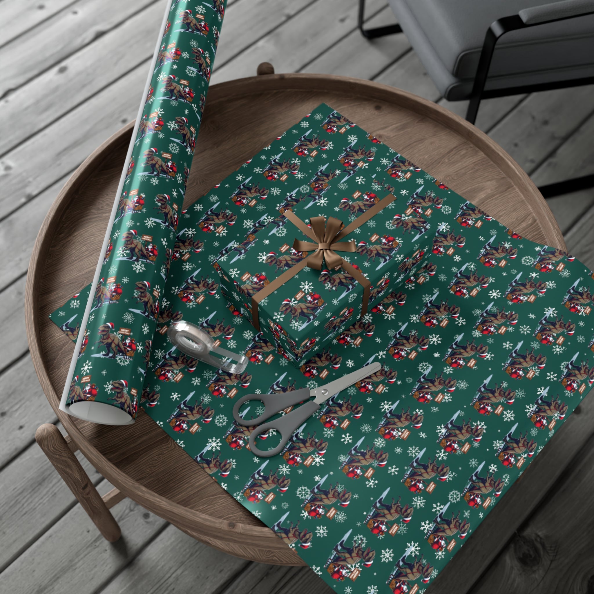 Dinosaur Christmas Wrapping Paper Roll of 6 or 12 Feet | Choice of Matte or Satin Finish | Buy 2 or more and SAVE 10%