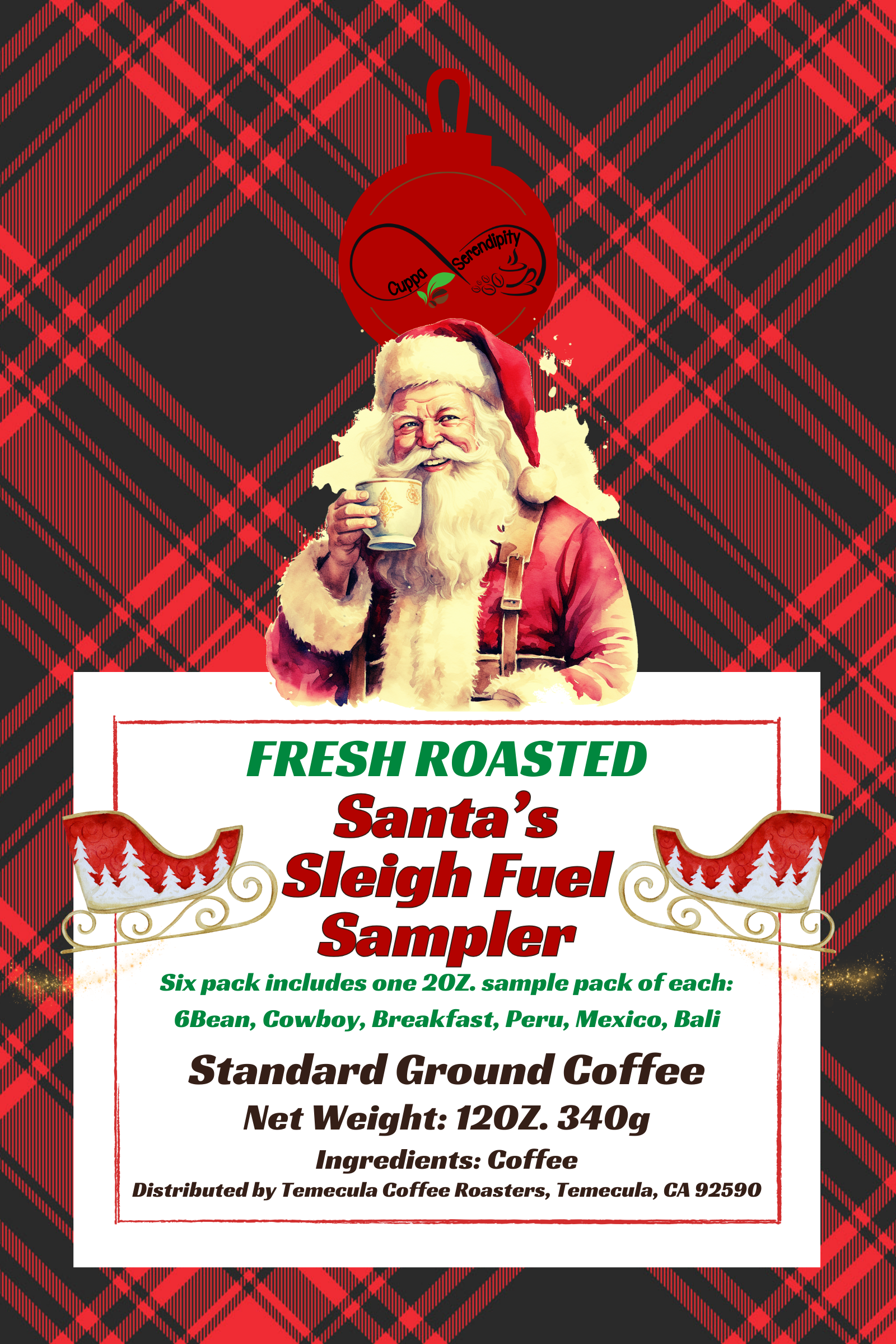 Santa's Sleigh Fuel Coffee | Best Sellers Sample Pack: 6Bean, Cowboy, Breakfast, Peru, Mexico, Bali